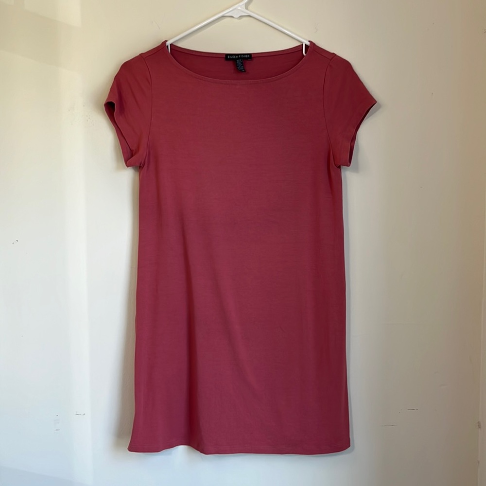 Eileen Fisher Boxy Crewneck Salmon Colored Stretchy Tee Shirt Dress Size XS